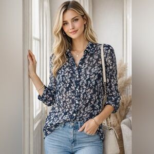Abercrombie & Fitch Floral Sheer Button-Up Blouse | Size L